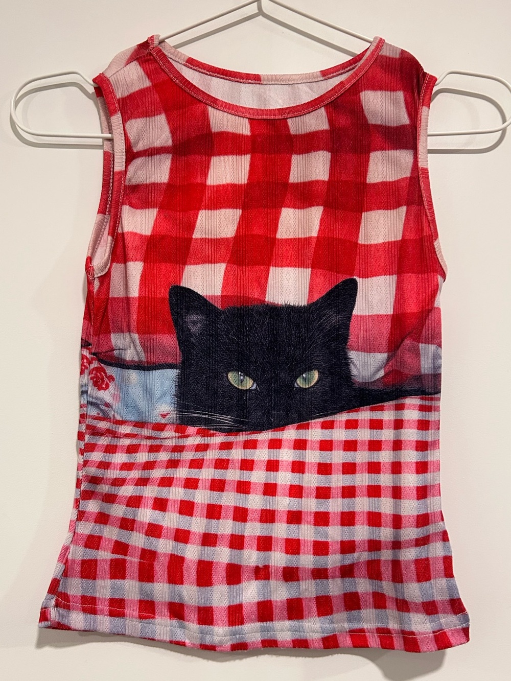 Red Gingham Tank Top with Black Cat Top